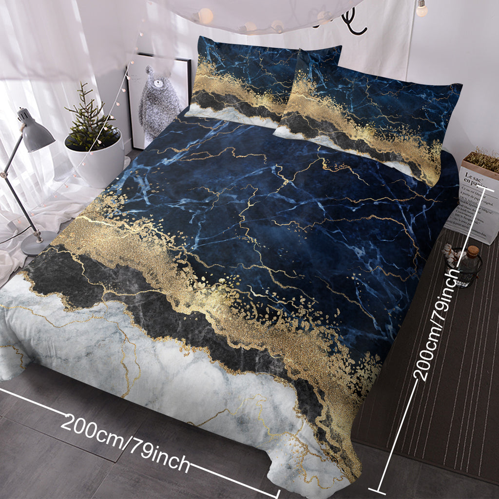 Chic white marble bed linen with gold accents.